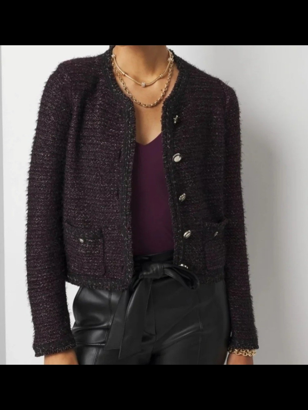 NWT White House Black Market Plum Bouclé Tweed Cropped Jacket